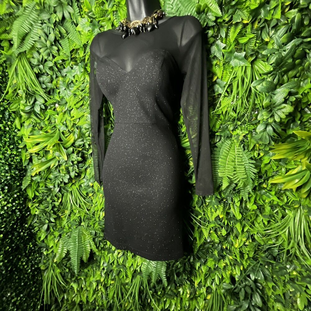 DEAR MOON Women Dress 3 Black Formal Mini illusion Neckline Fitted Party  0655‎